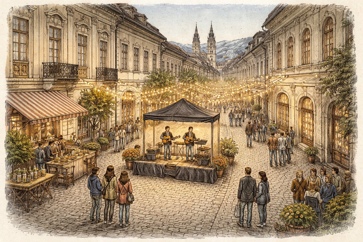 Evening street music and tea festival on a lit pedestrian street in Cluj.