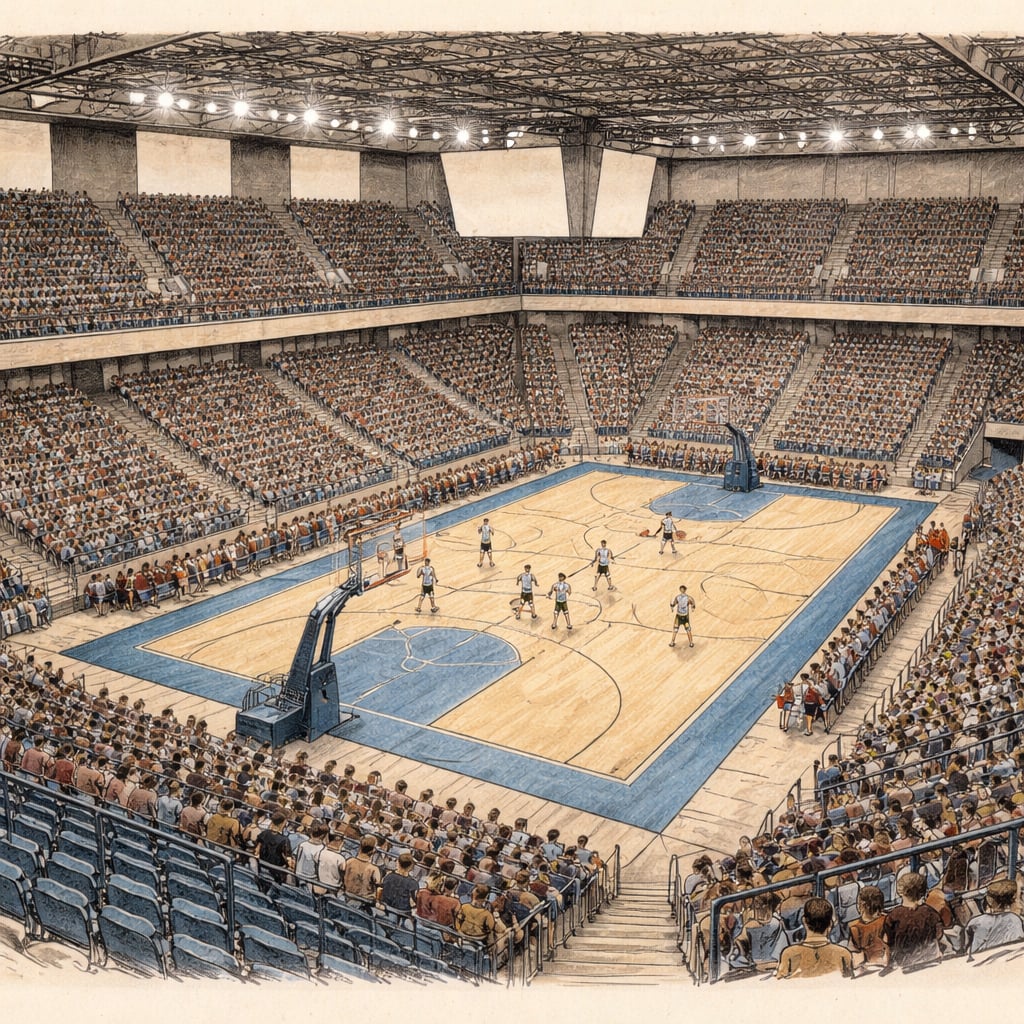 Elevated view of a packed indoor arena during a basketball match.