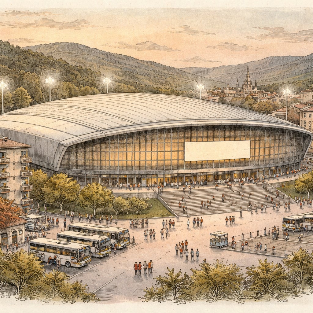 Modern arena in Cluj-Napoca with fans gathering before a basketball game.