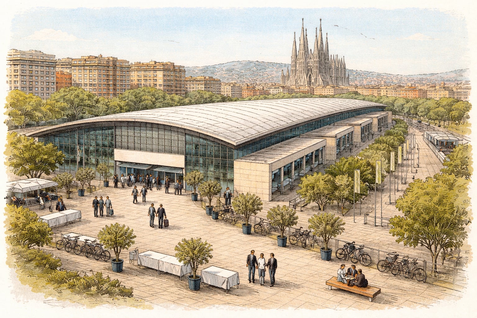 Startup conference hall in Barcelona with founders gathering outside.