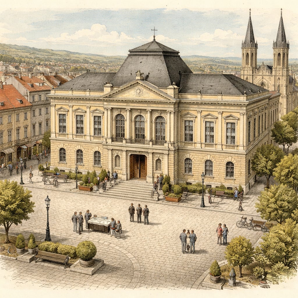 Officials meeting outside Cluj-Napoca's city hall for a twinning signing.