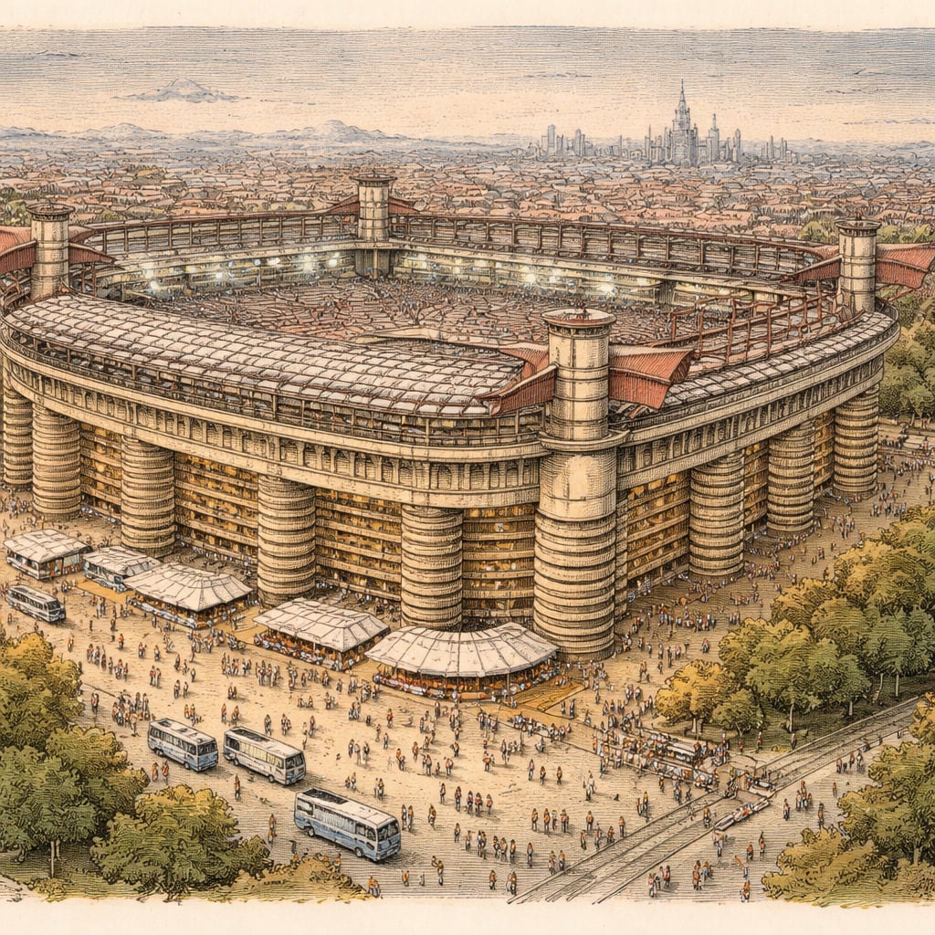 Milan stadium glowing at dusk during a top-of-the-table soccer match.