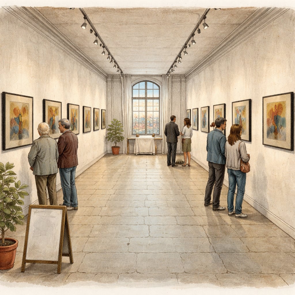 Visitors viewing paintings inside a quiet gallery in Cluj-Napoca.