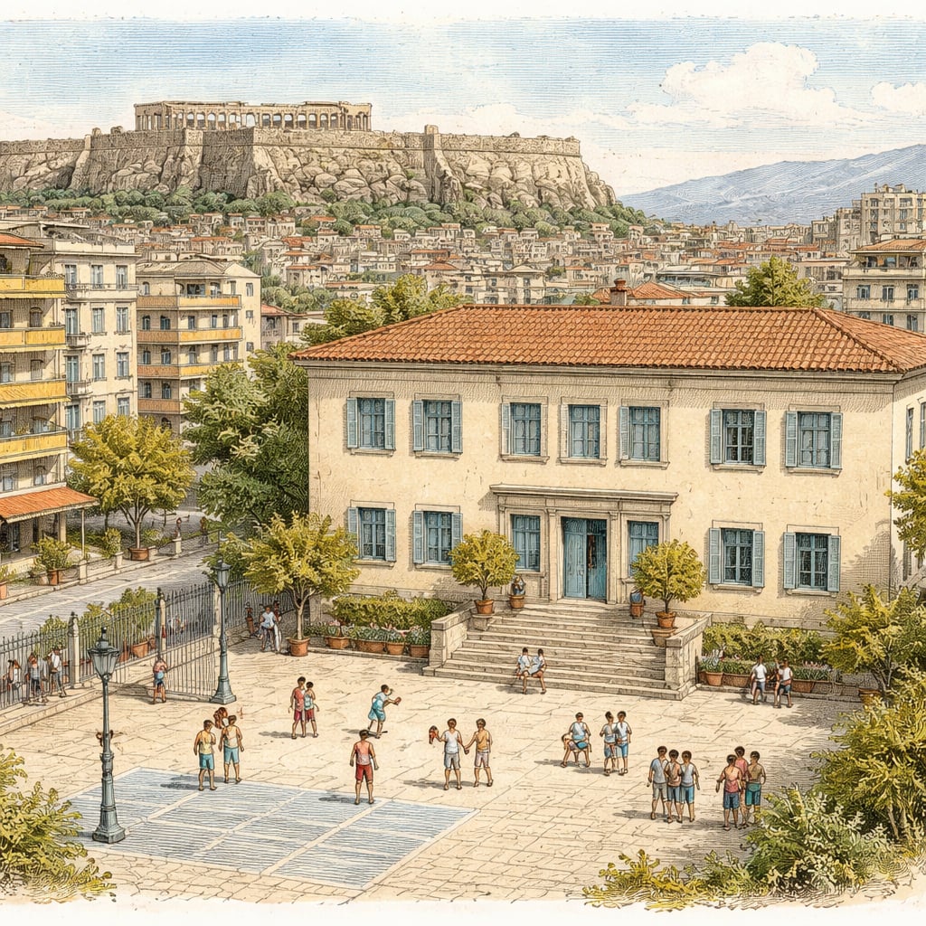 Athens schoolyard with students playing without phones, Acropolis beyond.
