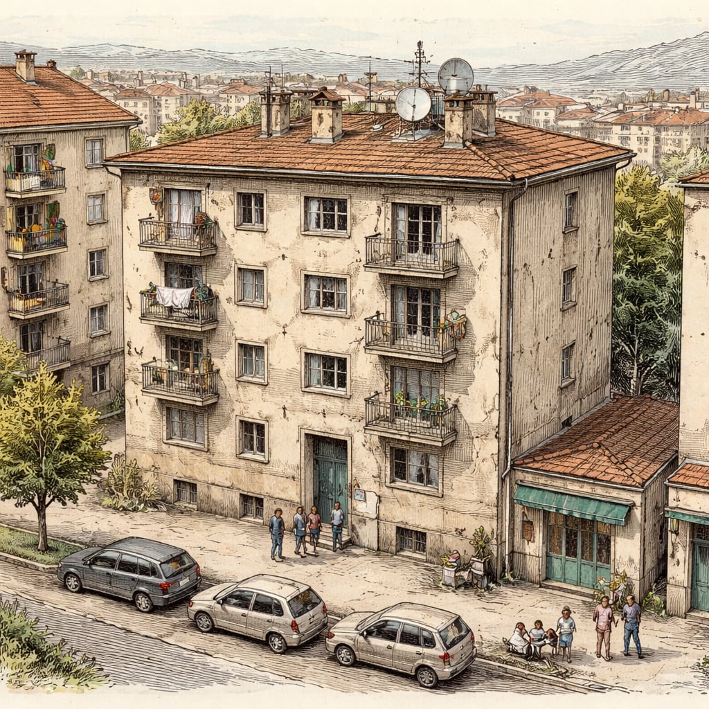 Small apartment block in Cluj-Napoca with a tiny studio window.