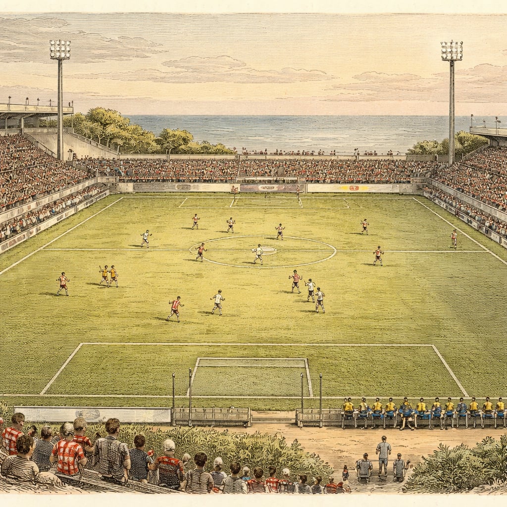 Soccer match in progress at a coastal stadium under floodlights.