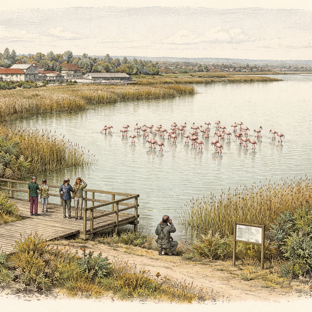 Flamingos wading in shallow water at Techirghiol Lake shoreline.