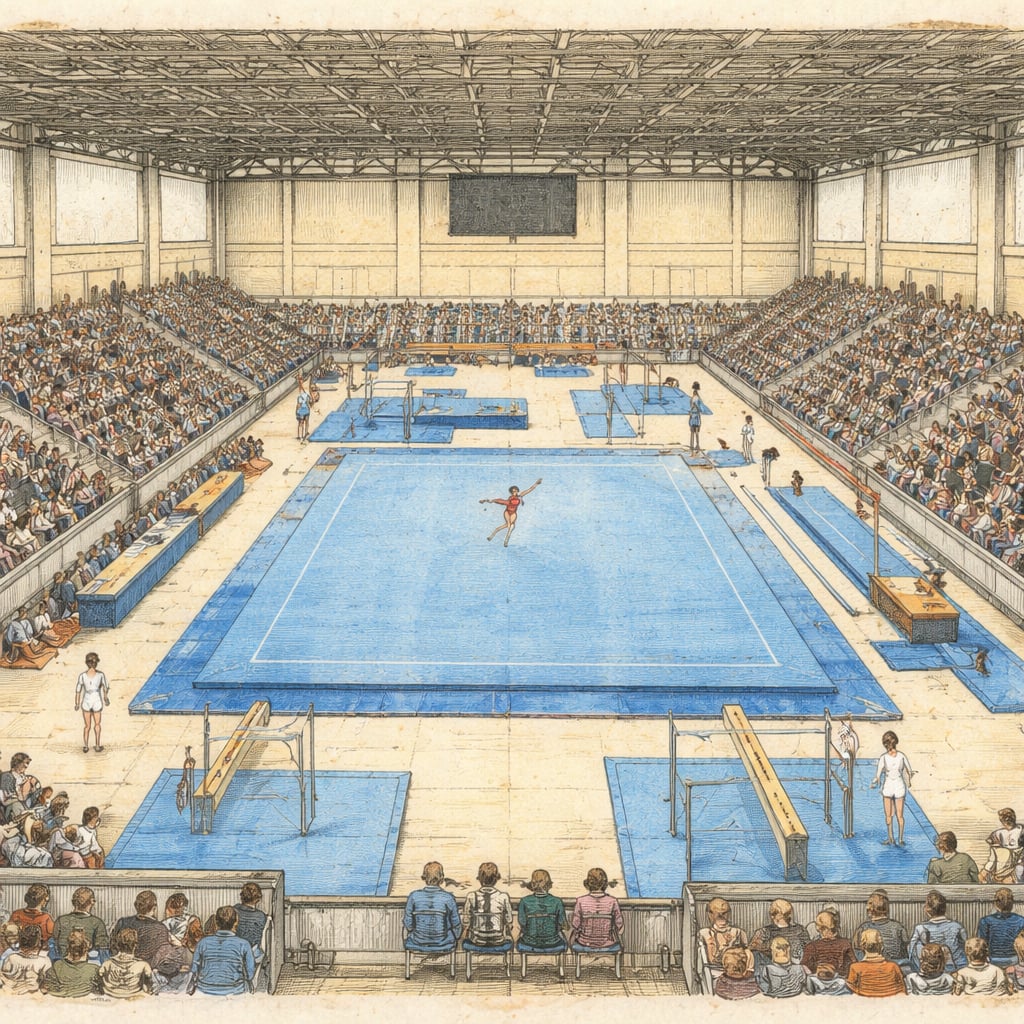 Gymnasts compete on floor and beam at national championship hall.