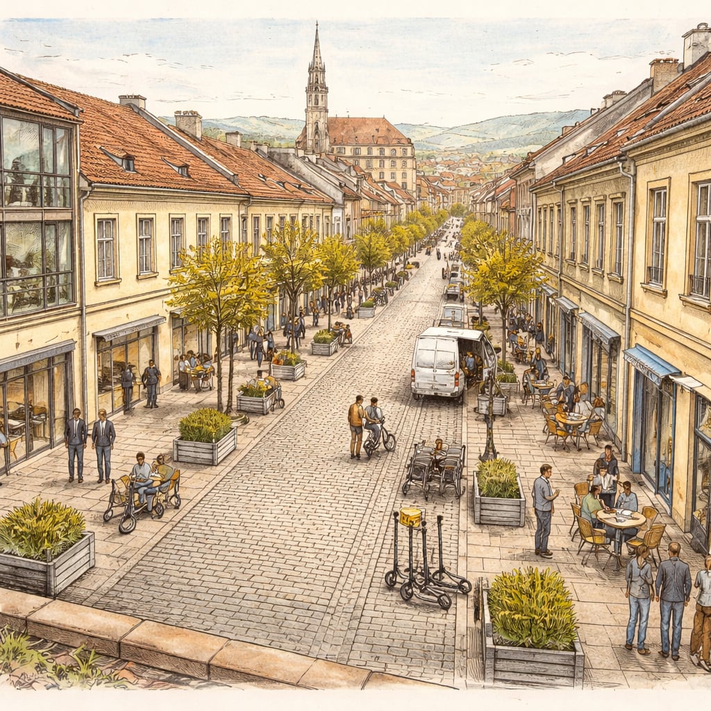 Busy Cluj street with new small businesses opening along sidewalk.