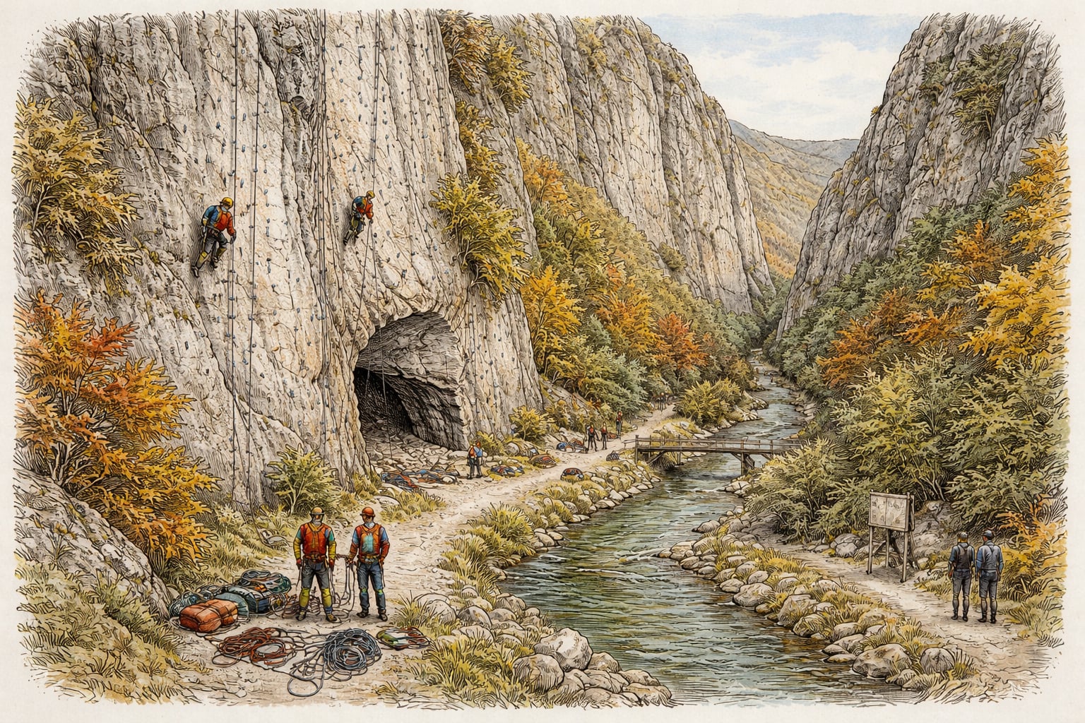 Climbers and rescuers renovate anchors on Turda Gorge cliff routes.
