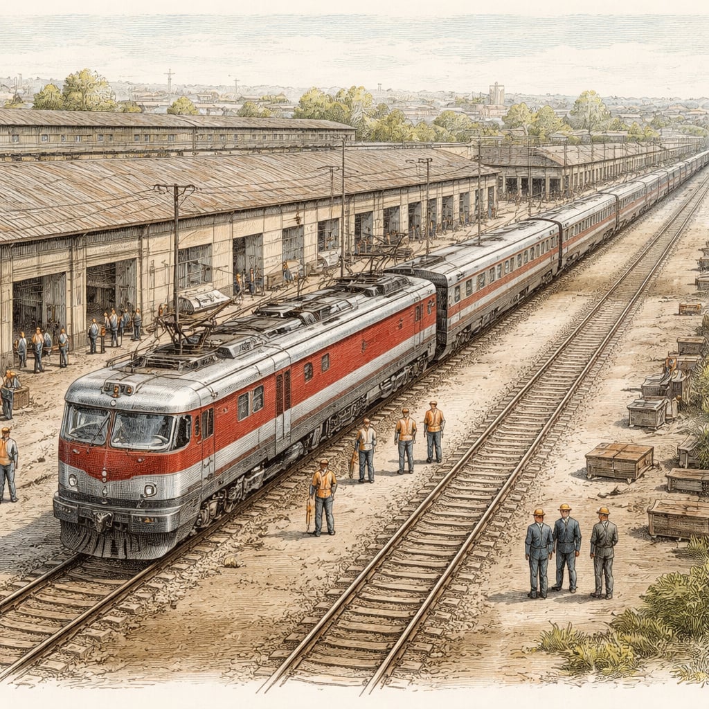 New electric locomotive and rail cars at a depot, inspected by workers.