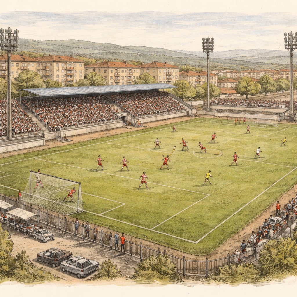Soccer match scene with a player heading the ball into the goal.