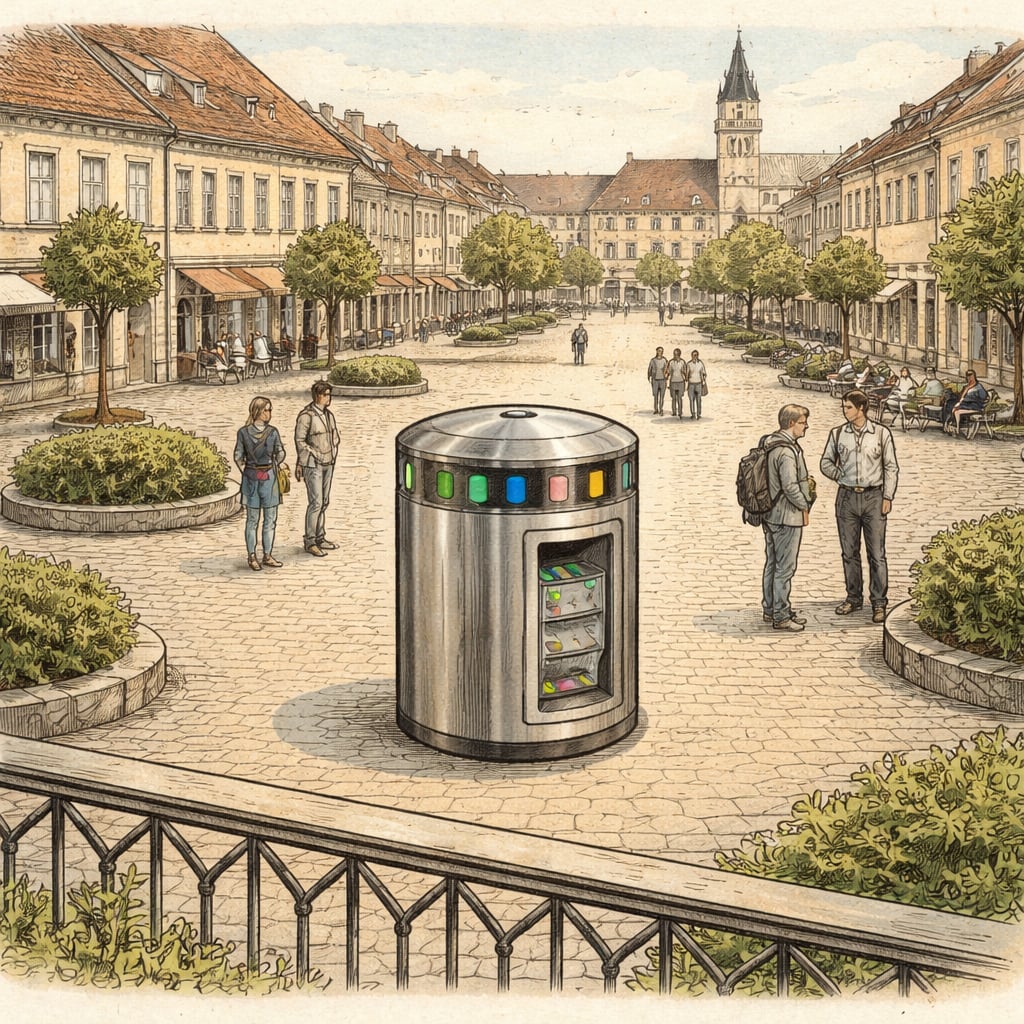People using a smart sorting trash bin in a city plaza.