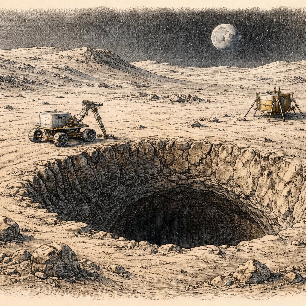 Robotic rover exploring a lunar pit near Marius Hills on the Moon.