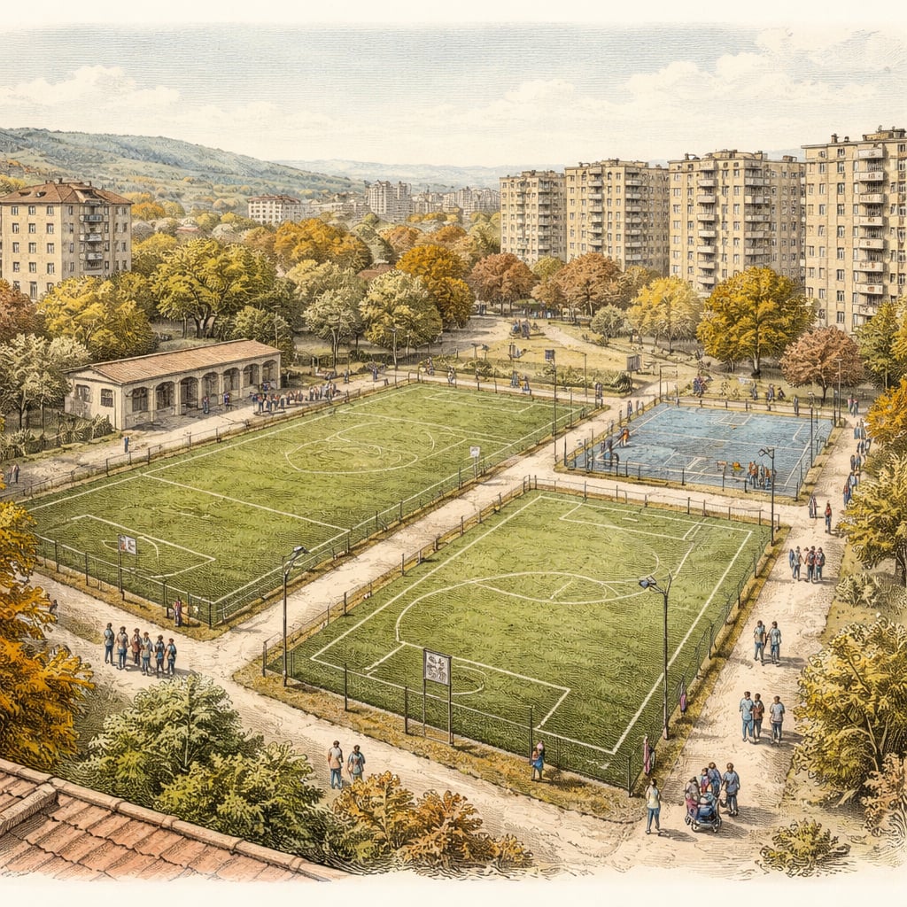 Residents gathered near sports fields discussing a new indoor hall project.