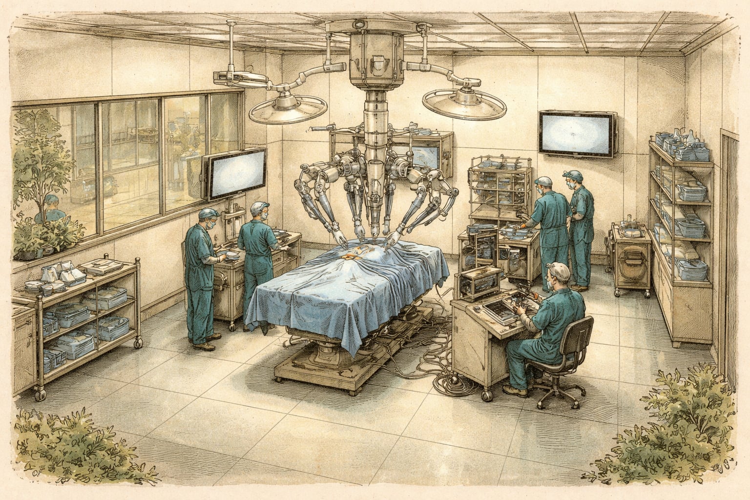 Surgical team and robotic arms around an operating table in a hospital.
