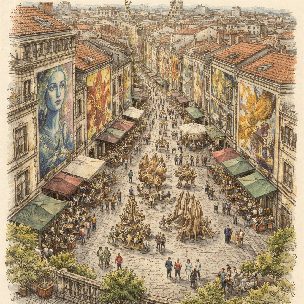 Bucharest Old Town filled with murals and art festival crowds.