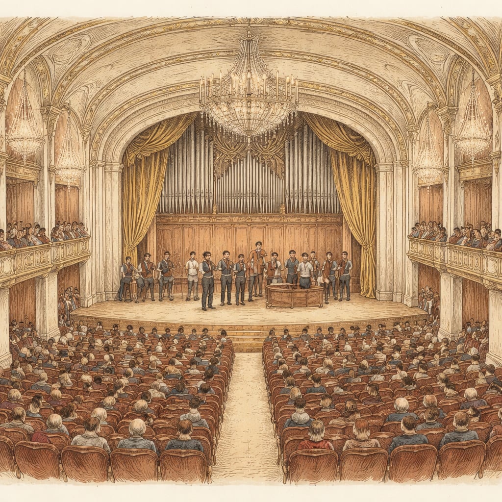 Traditional fiddler families performing on a grand concert hall stage.