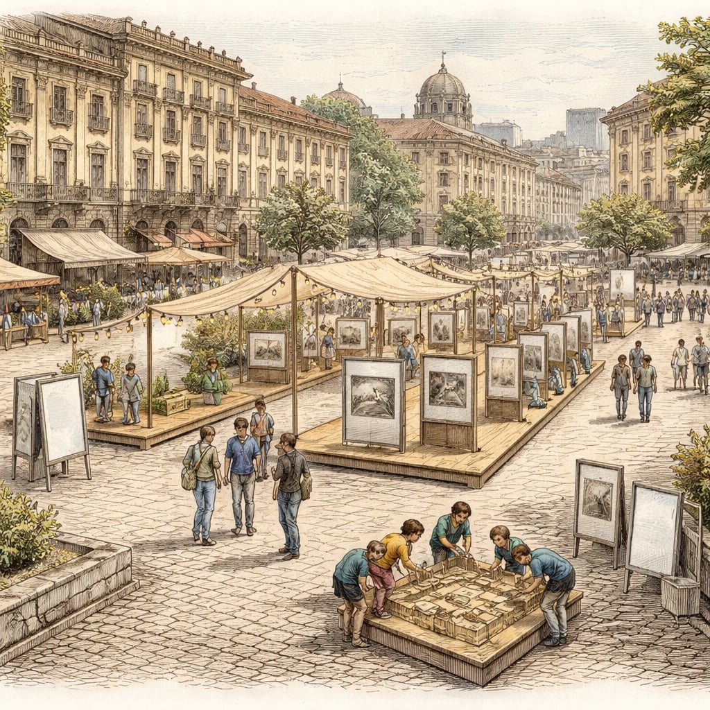 Open-air museum exhibit in a historic Bucharest square.