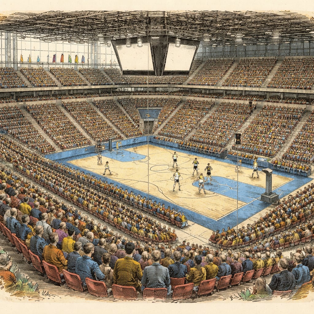 Basketball arena in Lithuania during an international league match.