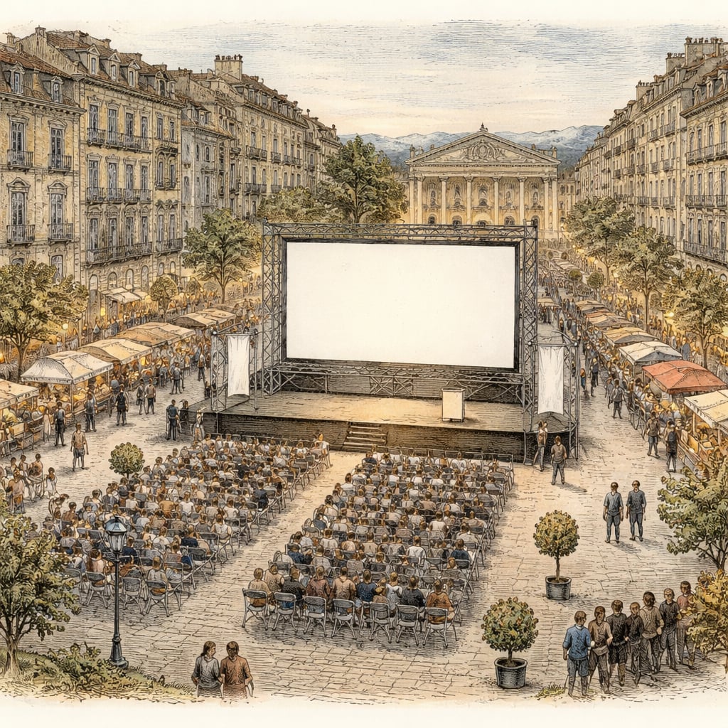 Outdoor European film festival plaza ahead of an awards announcement.