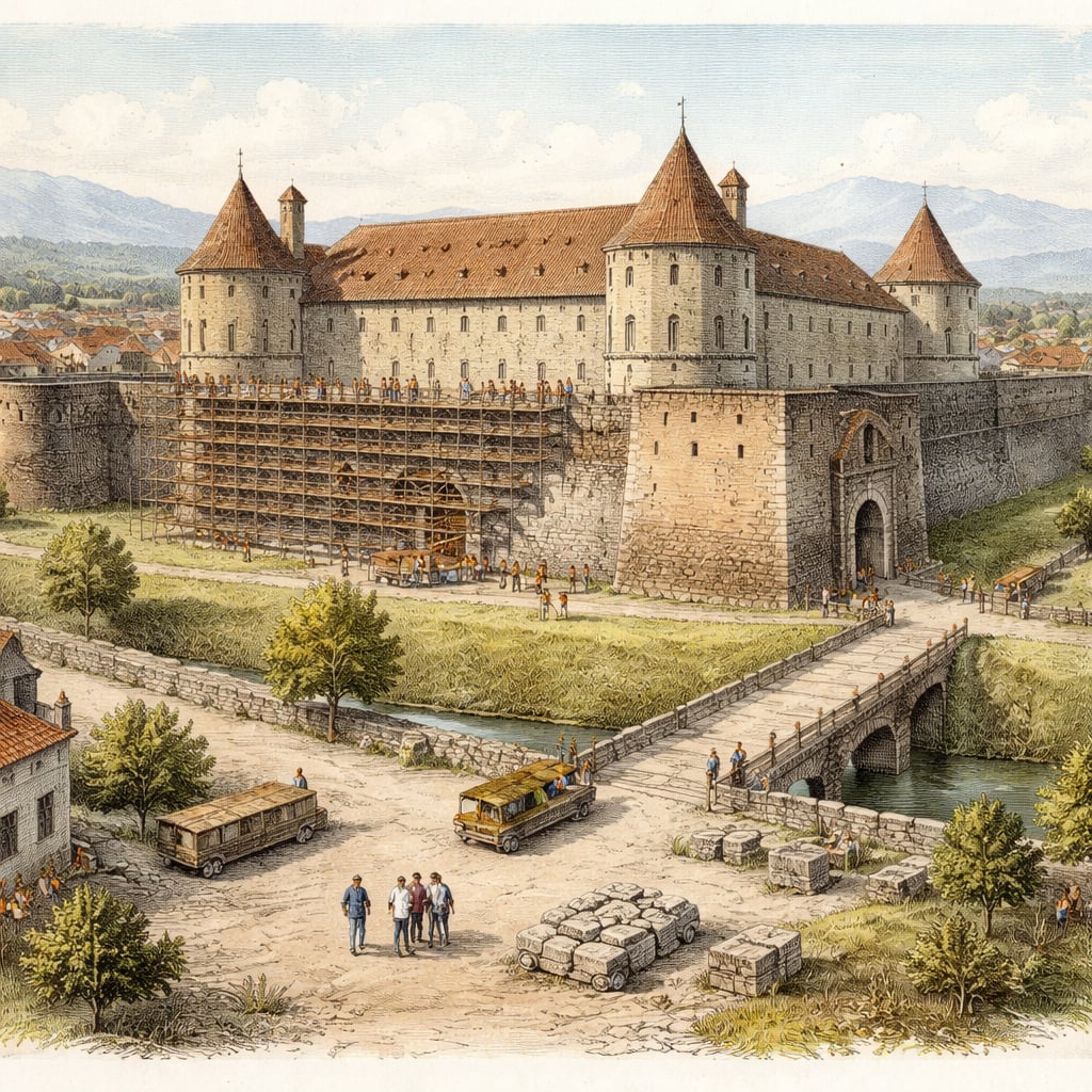 Restoration work underway at the medieval citadel of Făgăraș.