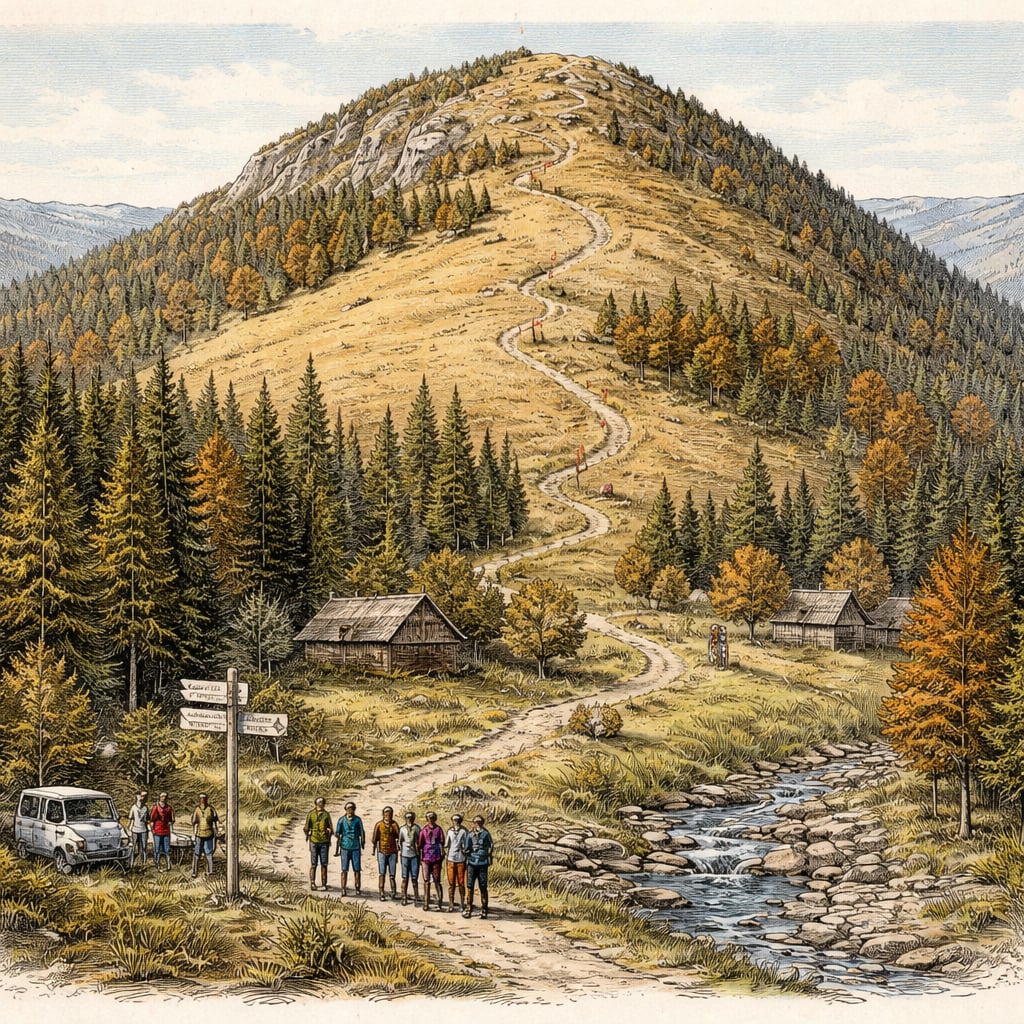 Hikers at the trailhead of a new mountain route near Beliș, Cluj County.