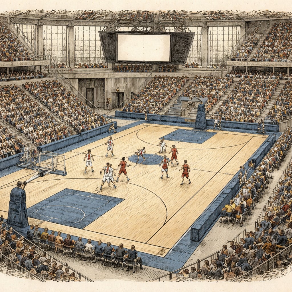 Basketball arena in Lithuania during a Cluj team's away victory.
