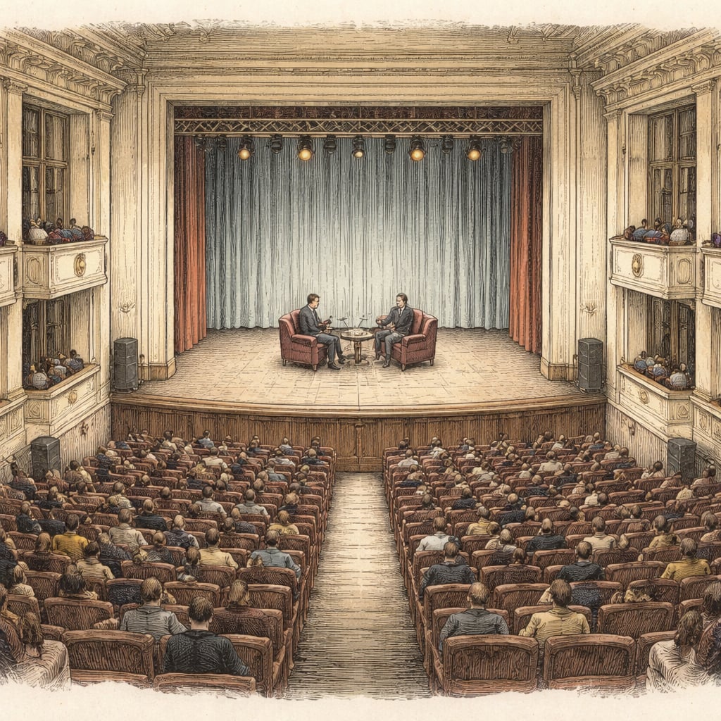 Actor and director recording a podcast on stage at a theater festival.