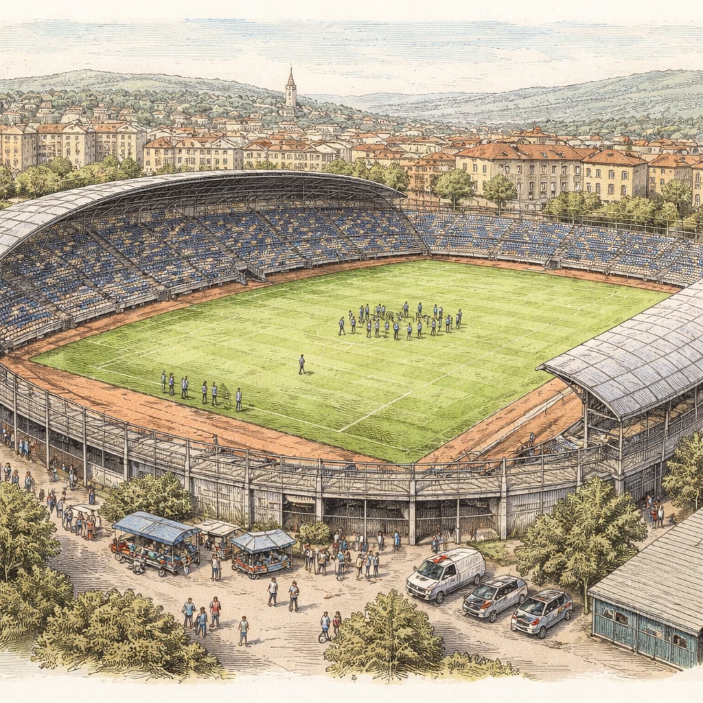 Soccer stadium in Cluj-Napoca with players training on the pitch.