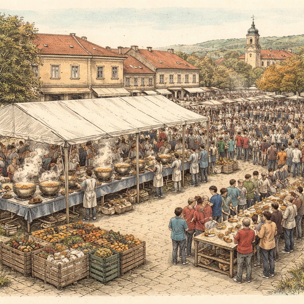 Outdoor community event cooking rescued food into tochitură and papanași.
