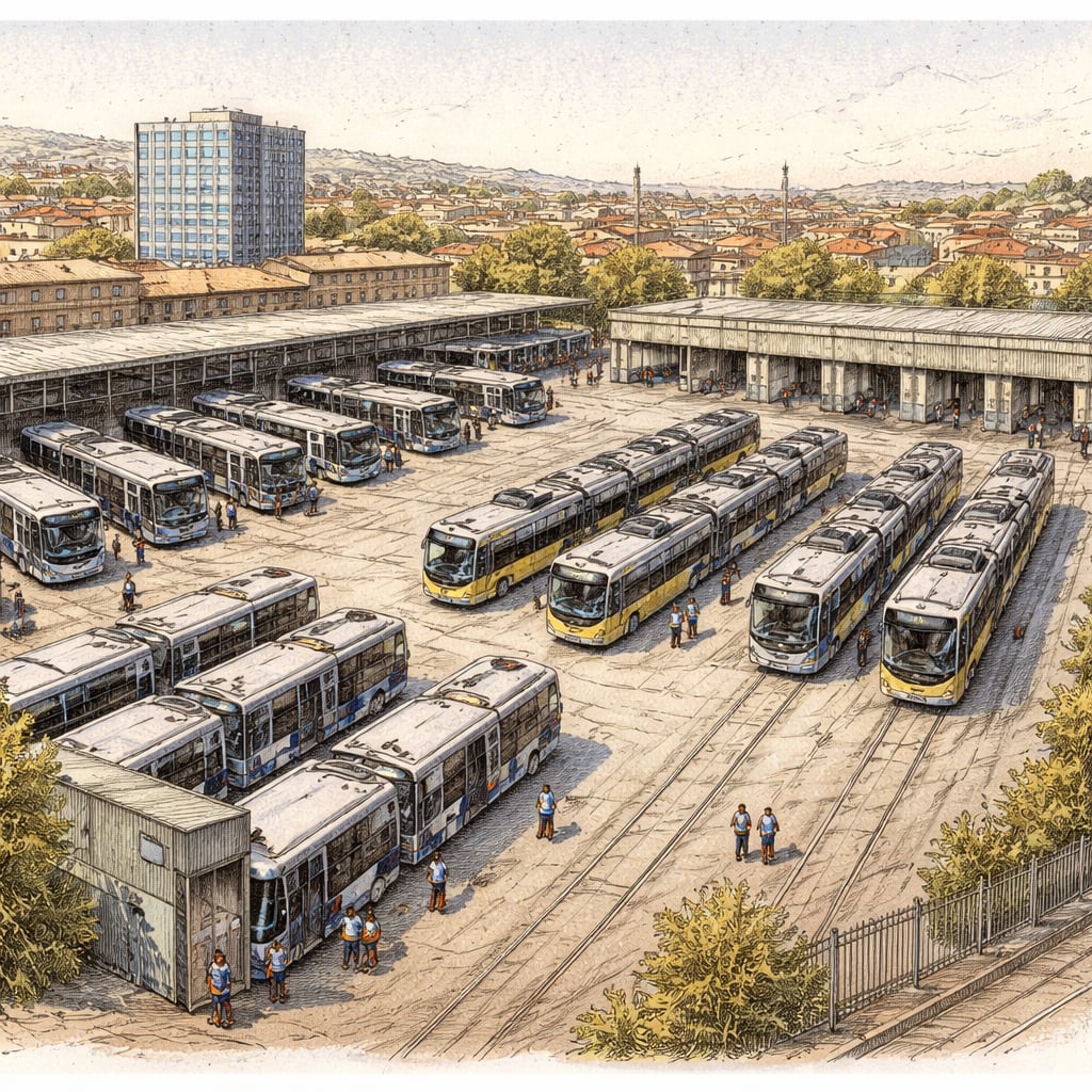 Bus and streetcar depot in Cluj-Napoca with workers servicing vehicles.