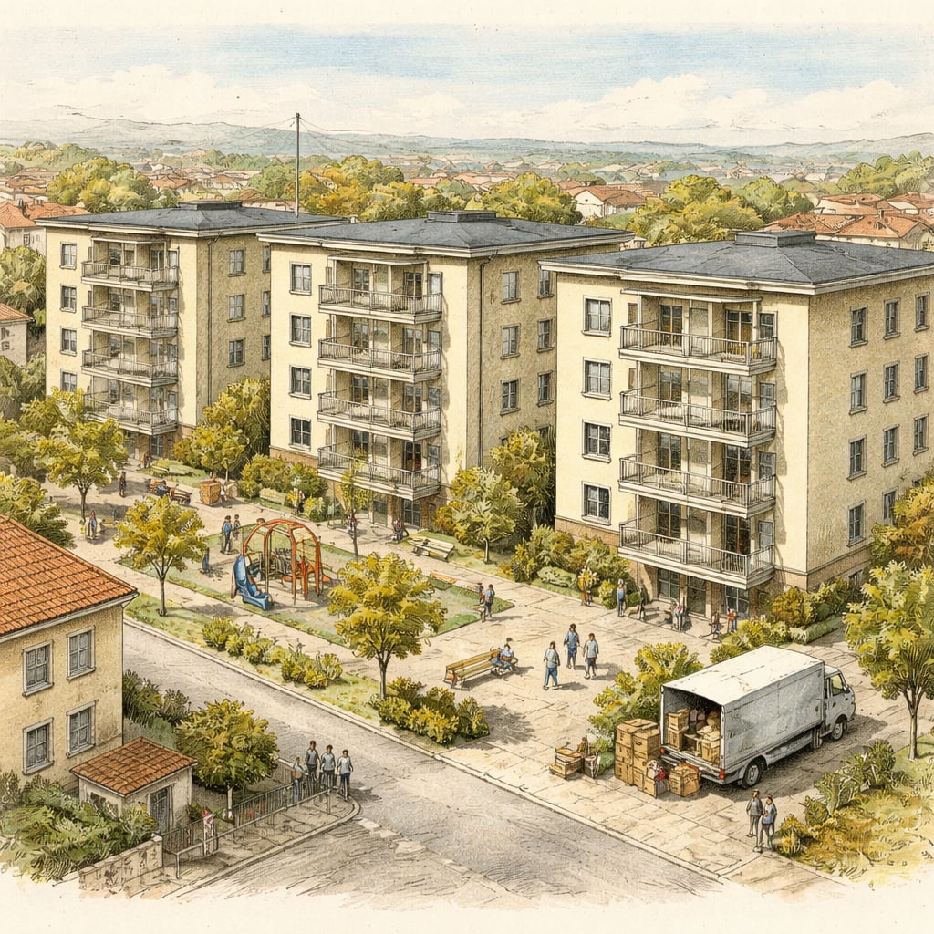 New apartment complex in Turda with families moving into their homes.