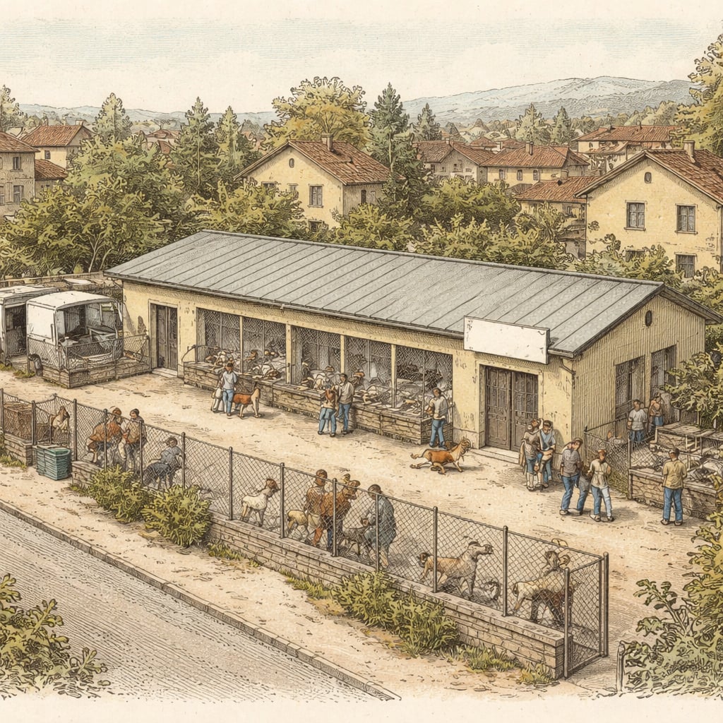 Dog shelter in Cluj-Napoca with visitors adopting dogs from kennels.