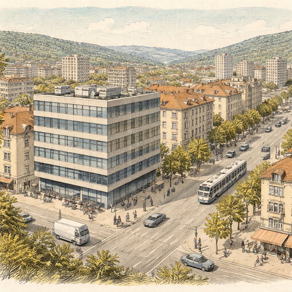City skyline of Cluj-Napoca with modern office and apartment buildings.