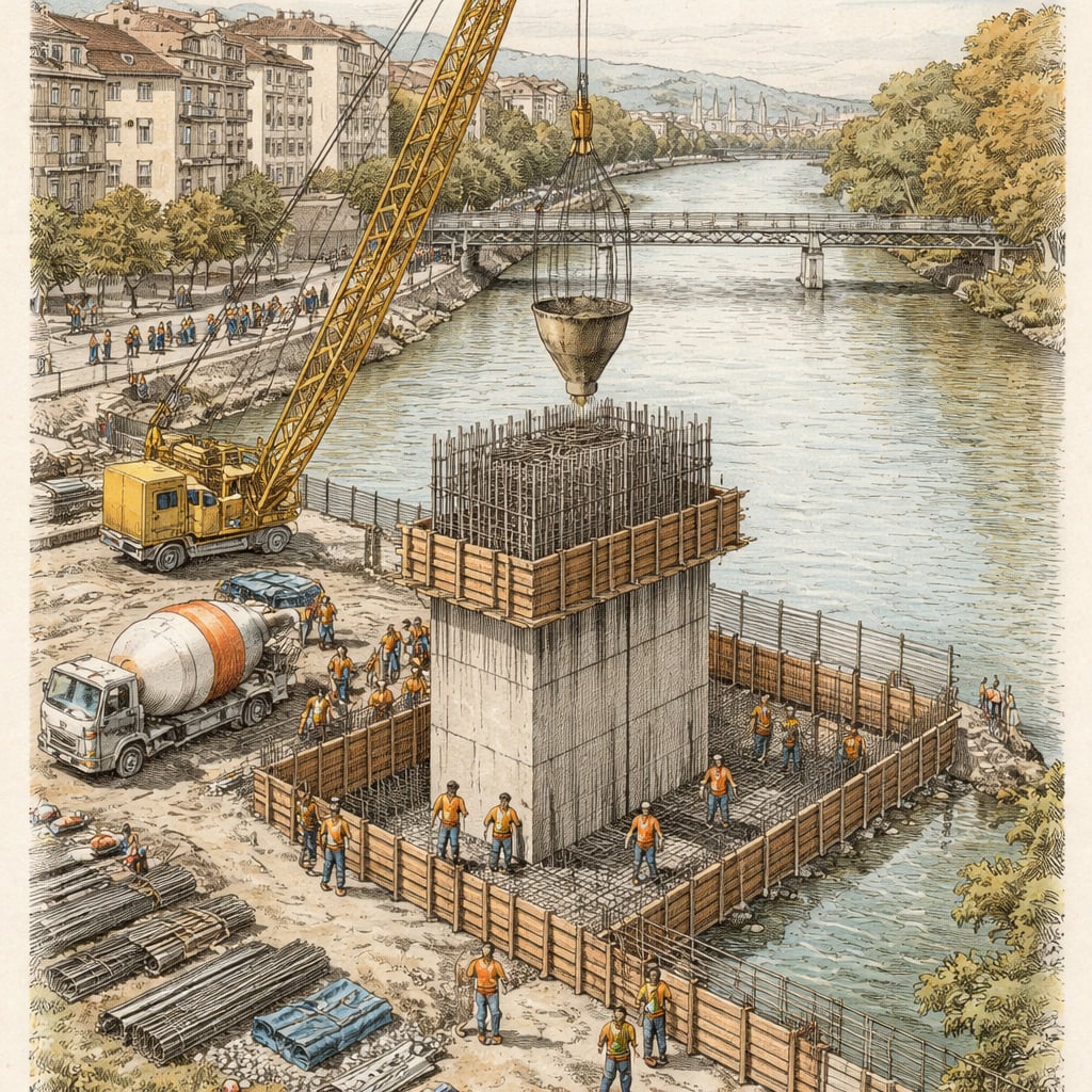 Workers pouring concrete for a new bridge pier over a river.
