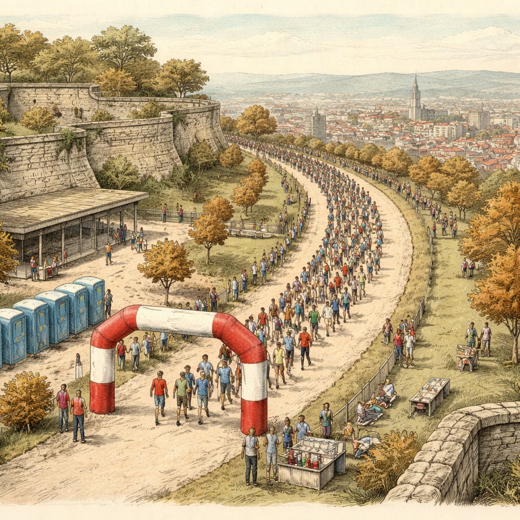 Runners in a charity race along a hilltop park path in Cluj.