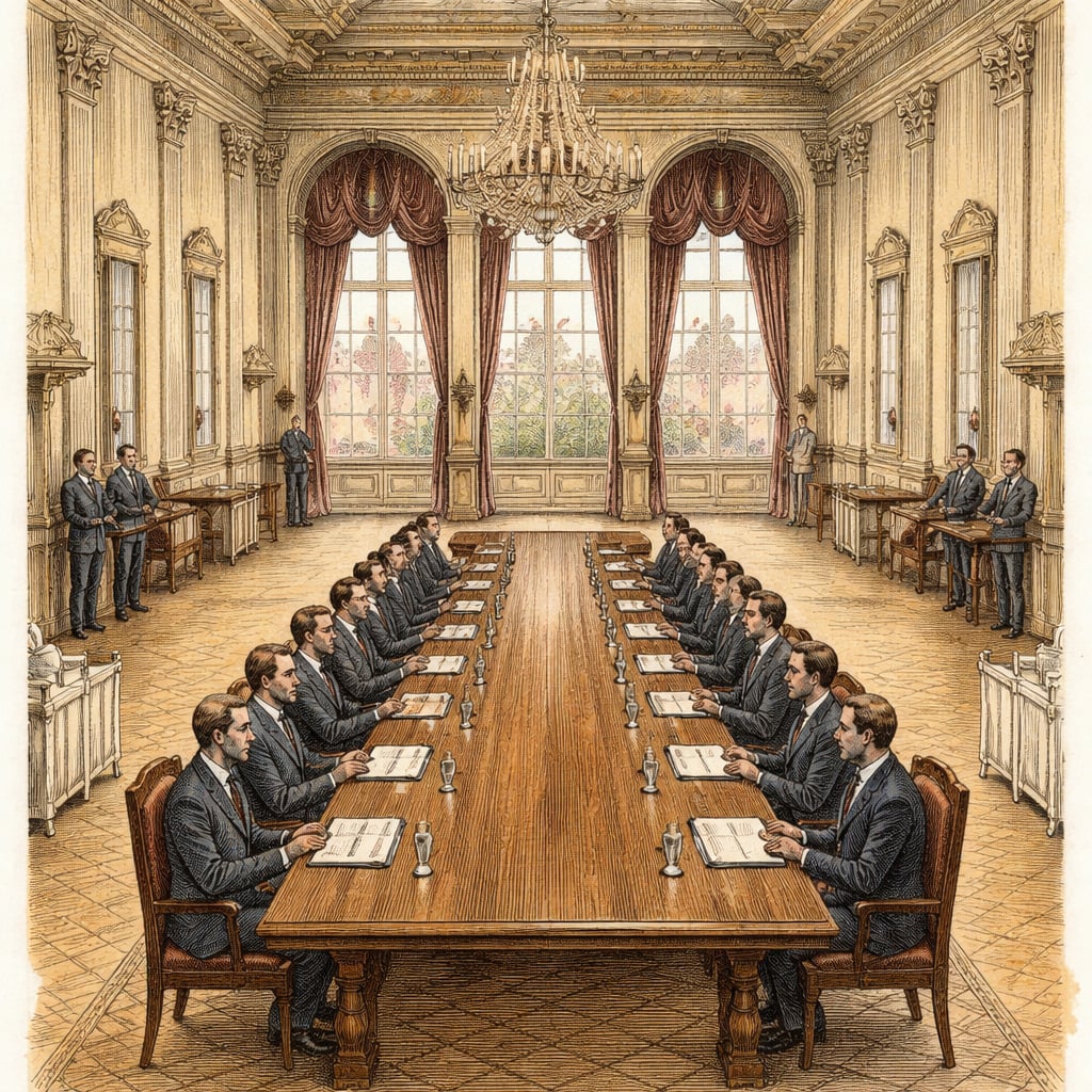 Officials meet in a historic city hall reception room.