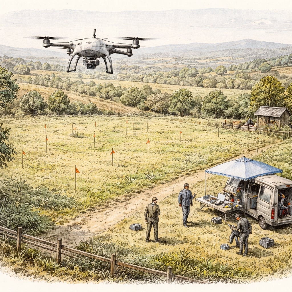 A drone hovers over a meadow during an agricultural research test.