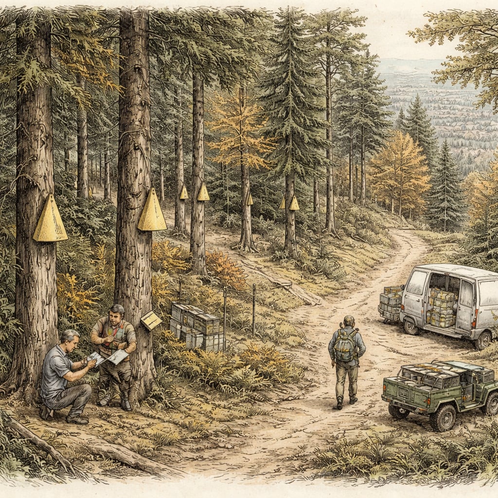 Researchers install insect traps on trees in a forest.