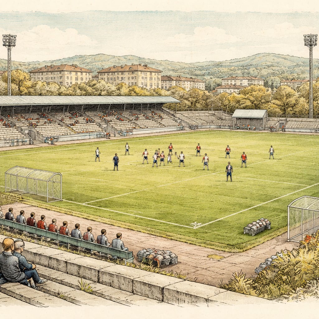 Coach leads soccer training session at a Cluj stadium.
