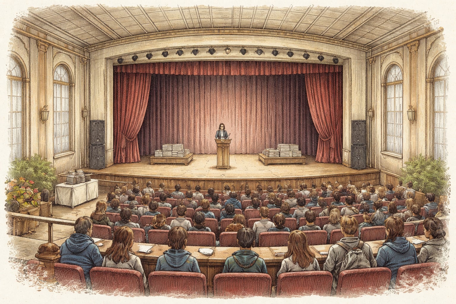 Teen author honored on stage at a literary festival theater.