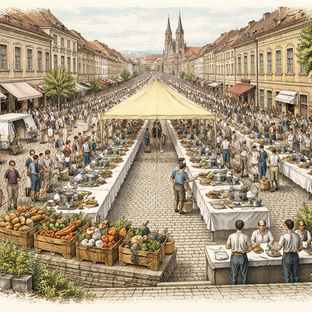 Outdoor cooking contest using rescued food in a Cluj square.