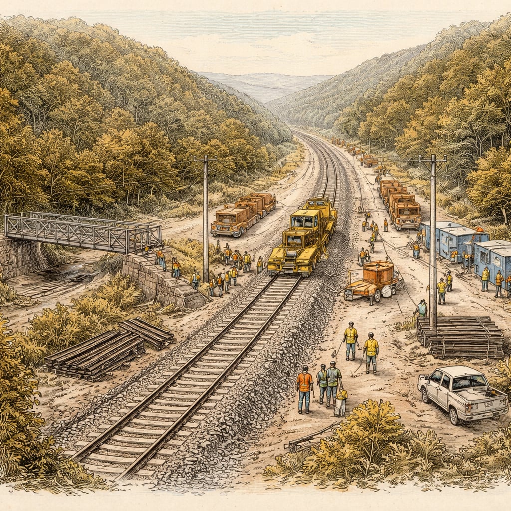 Construction crews build new railway tracks through a forested valley.