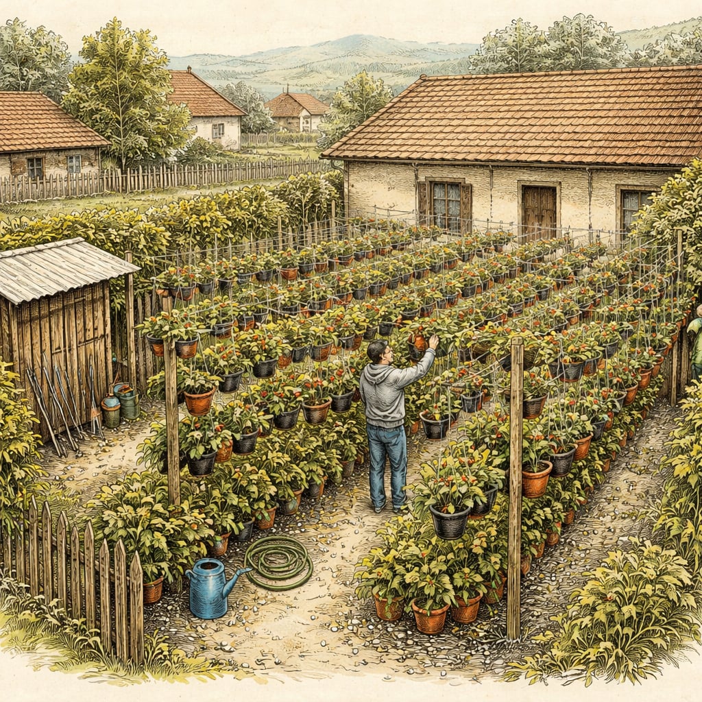 Man tending hundreds of hanging strawberry pots in a village courtyard.