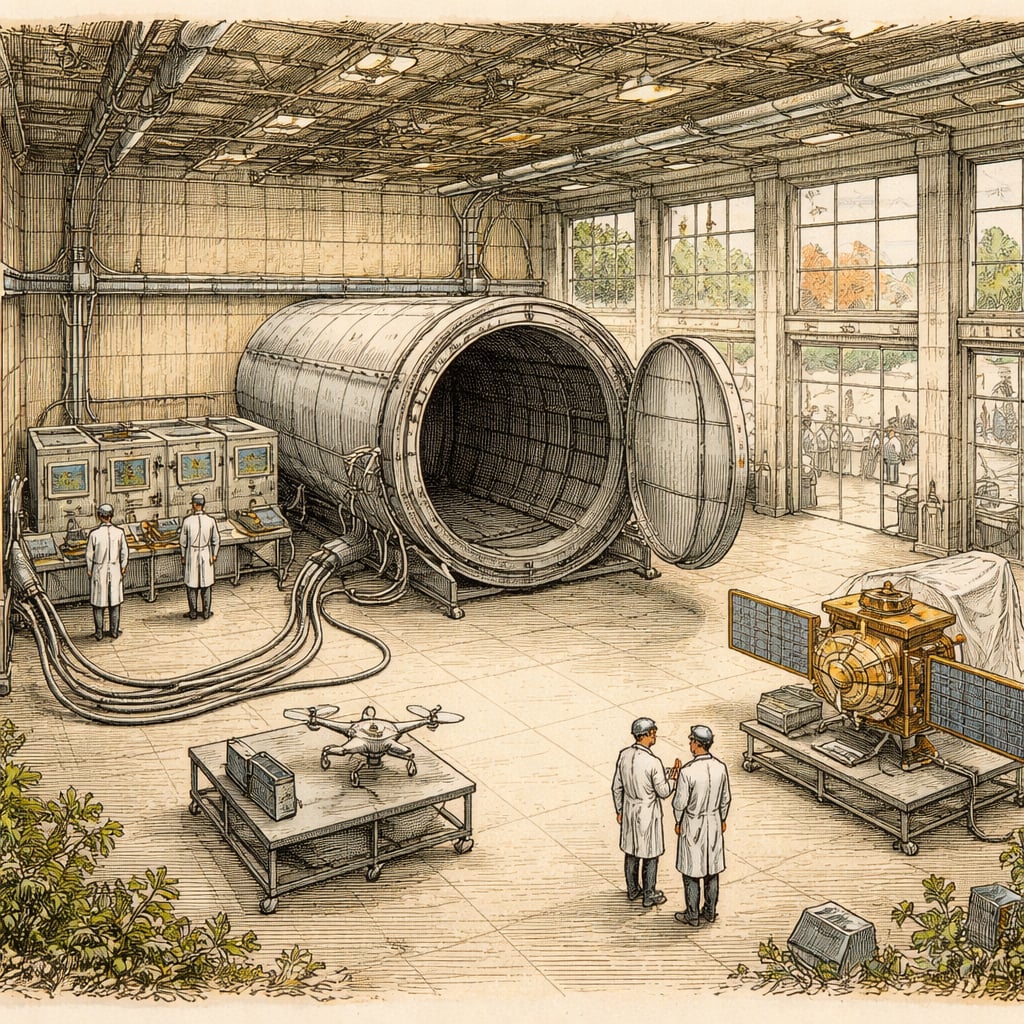 Research hall with a large chamber for testing satellites and drones.