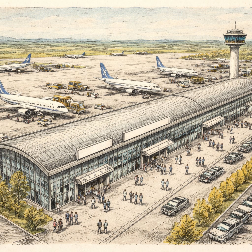 Cluj airport terminal with planes, travelers, and a blank route map.