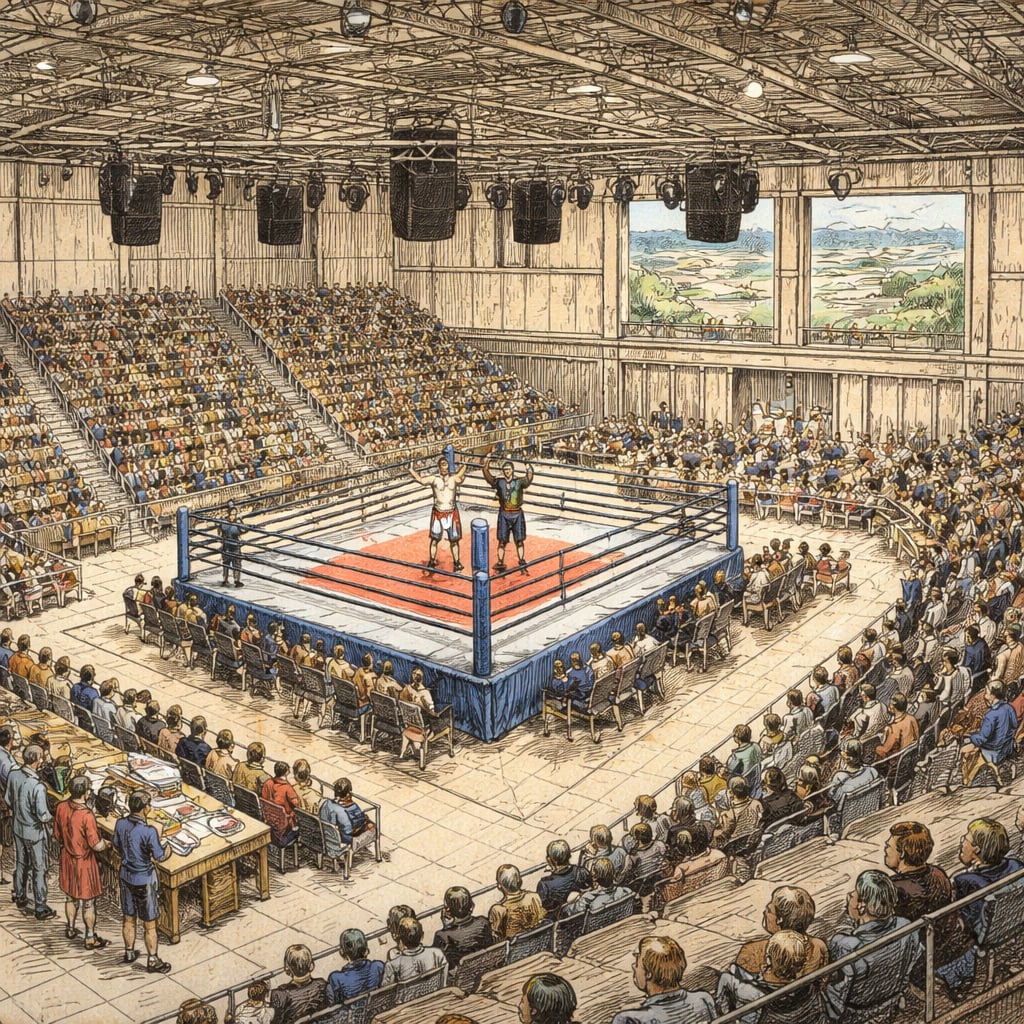 Muay thai championship ring inside an arena in Sardinia, fighters celebrating.