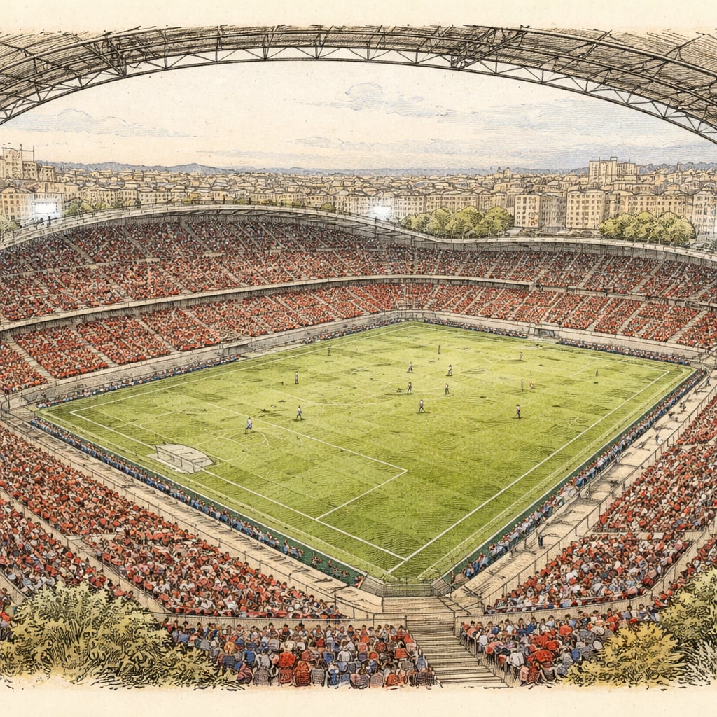 Elevated view of a soccer match inside a modern Cluj stadium at dusk.