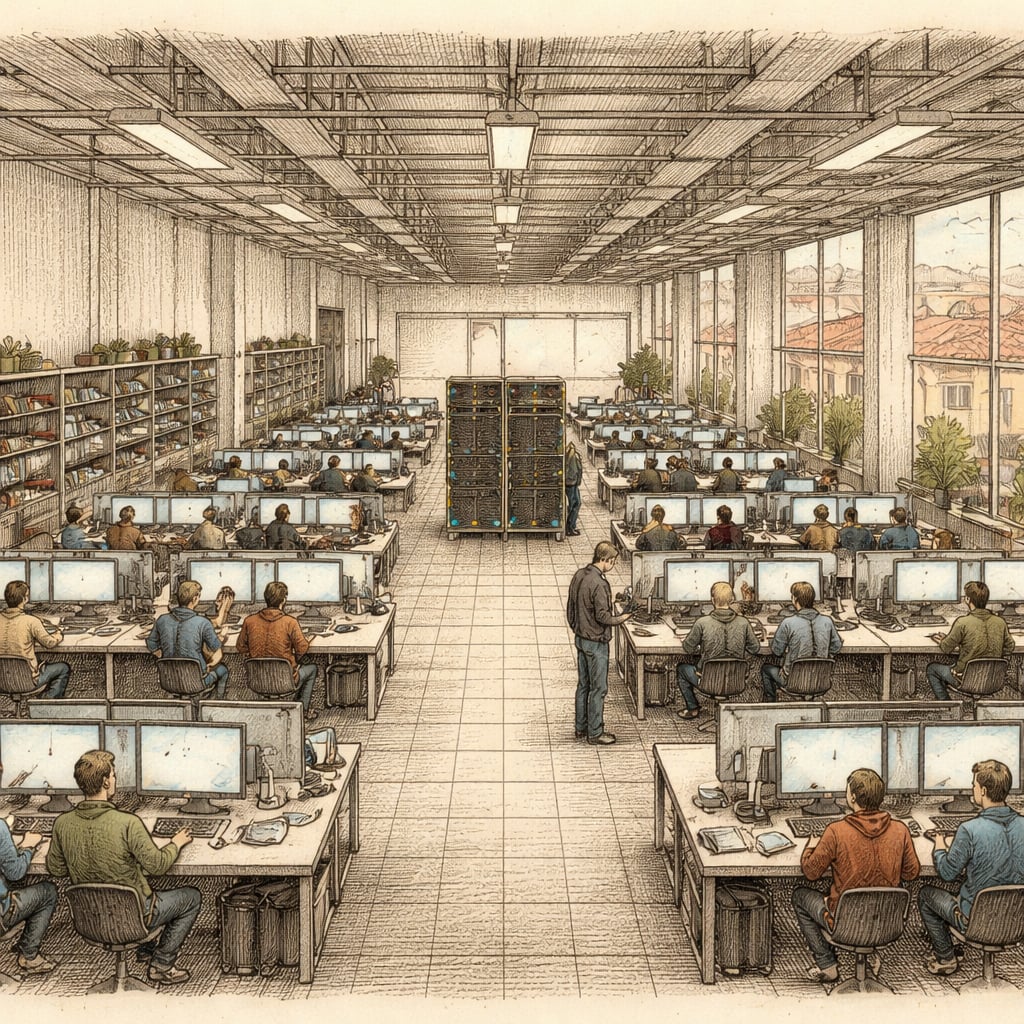 University AI laboratory hall with students working at computer workstations.